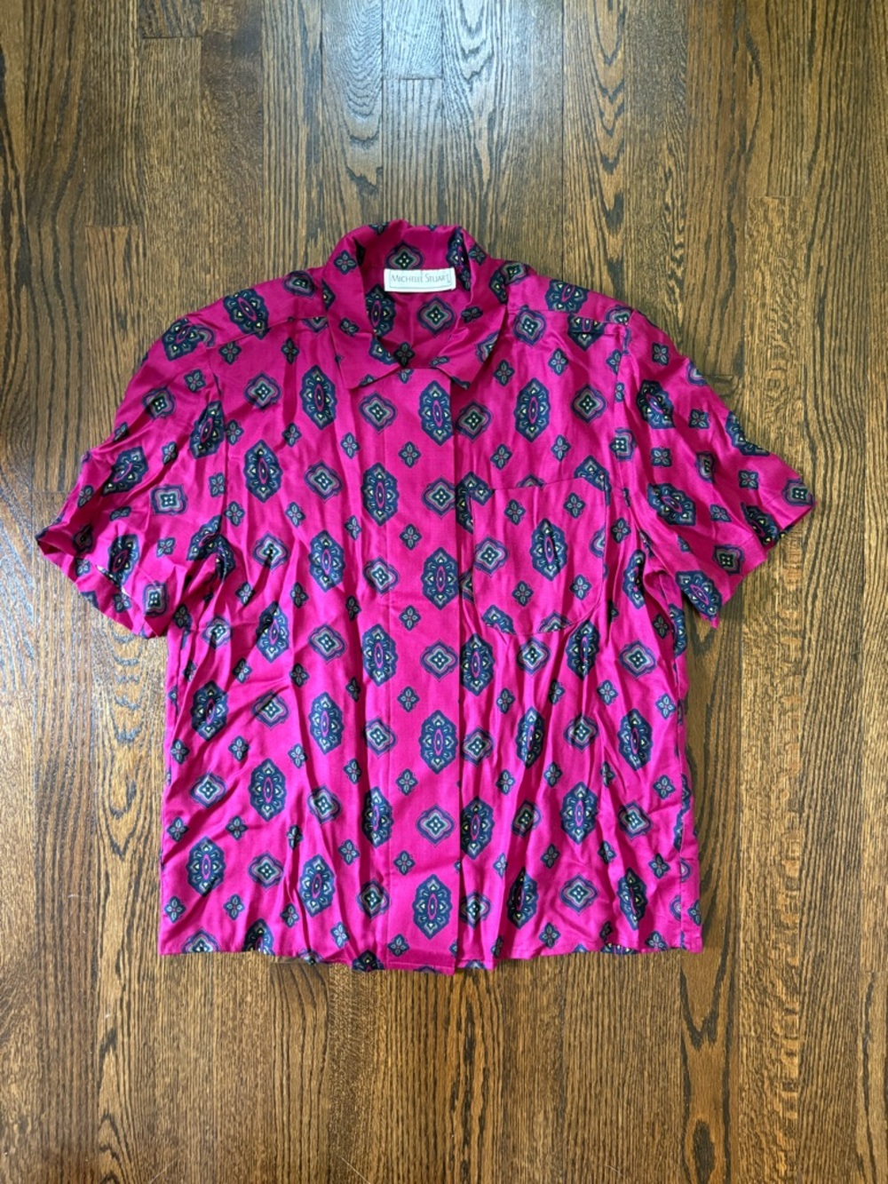 Vintage Michelle Stuart Magenta Patterned Short Sleeve Blouse Shoulder Pads 12